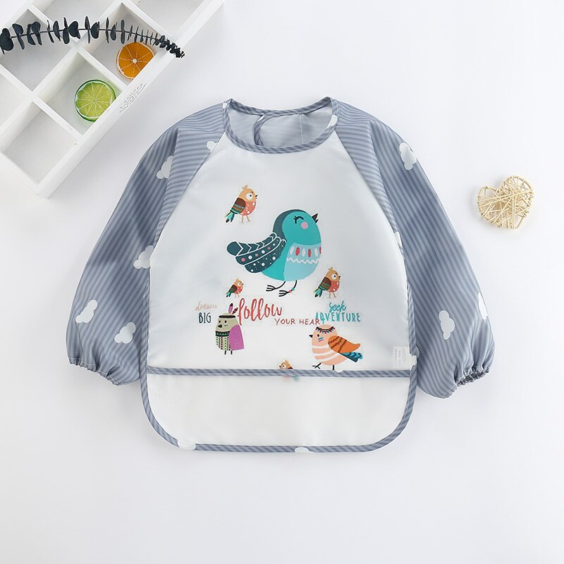 Practical long sleeve baby bib, waterproof and adjustable for full coverage during feeding and play.