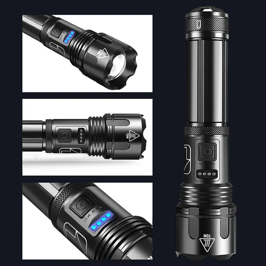 High-performance, ultra-bright LED flashlight. Waterproof, rechargeable, perfect for outdoor, camping, and emergency survival.