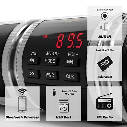 Universal motorcycle Bluetooth speakers, providing crystal-clear sound. Durable, weather-resistant audio for bikes.
