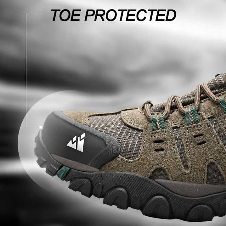 Close-up of waterproof hiking shoes, showcasing durable material and robust sole for outdoor trekking