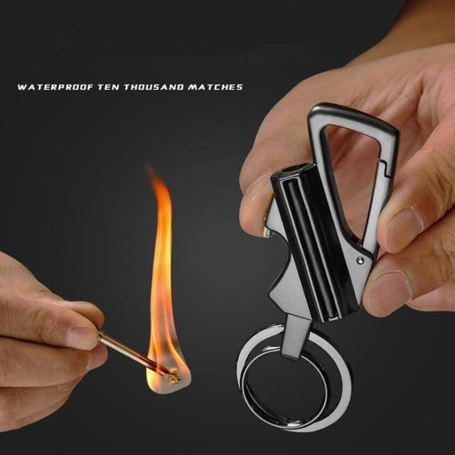 Unisex fire starter with attached carabiner, ideal for hiking and outdoor use
