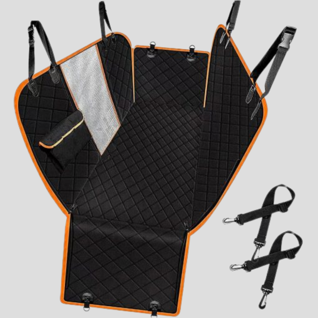 Waterproof pet car seat & boot protector with storage pockets for dogs. Durable vehicle liner for safe pet travel.