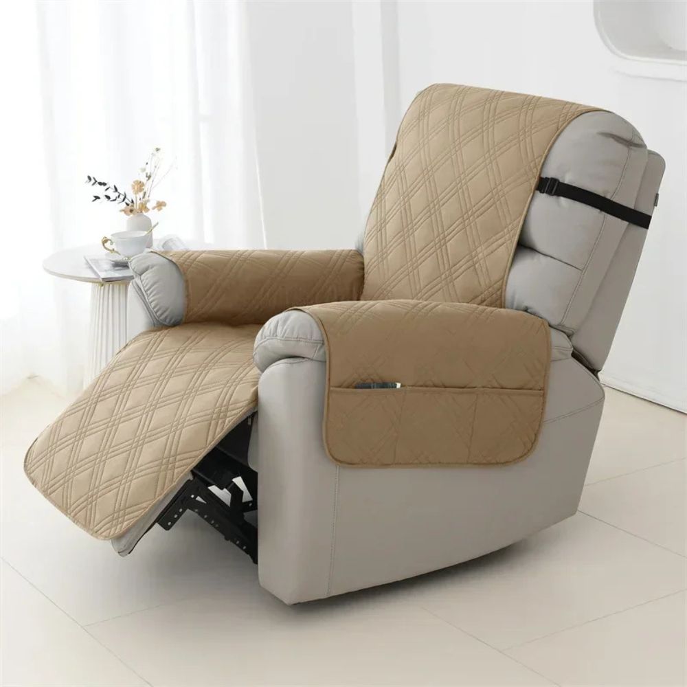 Waterproof quilted recliner chair cover for ultimate furniture protection, pet friendly, easy care.