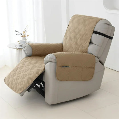 Waterproof quilted recliner chair cover for ultimate furniture protection, pet friendly, easy care.