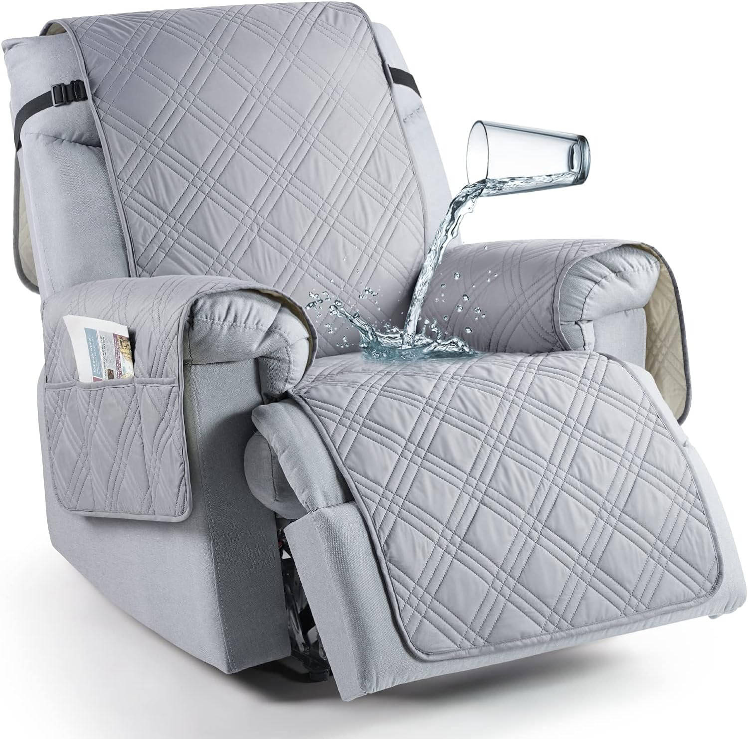 Waterproof recliner chair cover in a neutral tone, protecting furniture from spills & wear. Pet-friendly.
