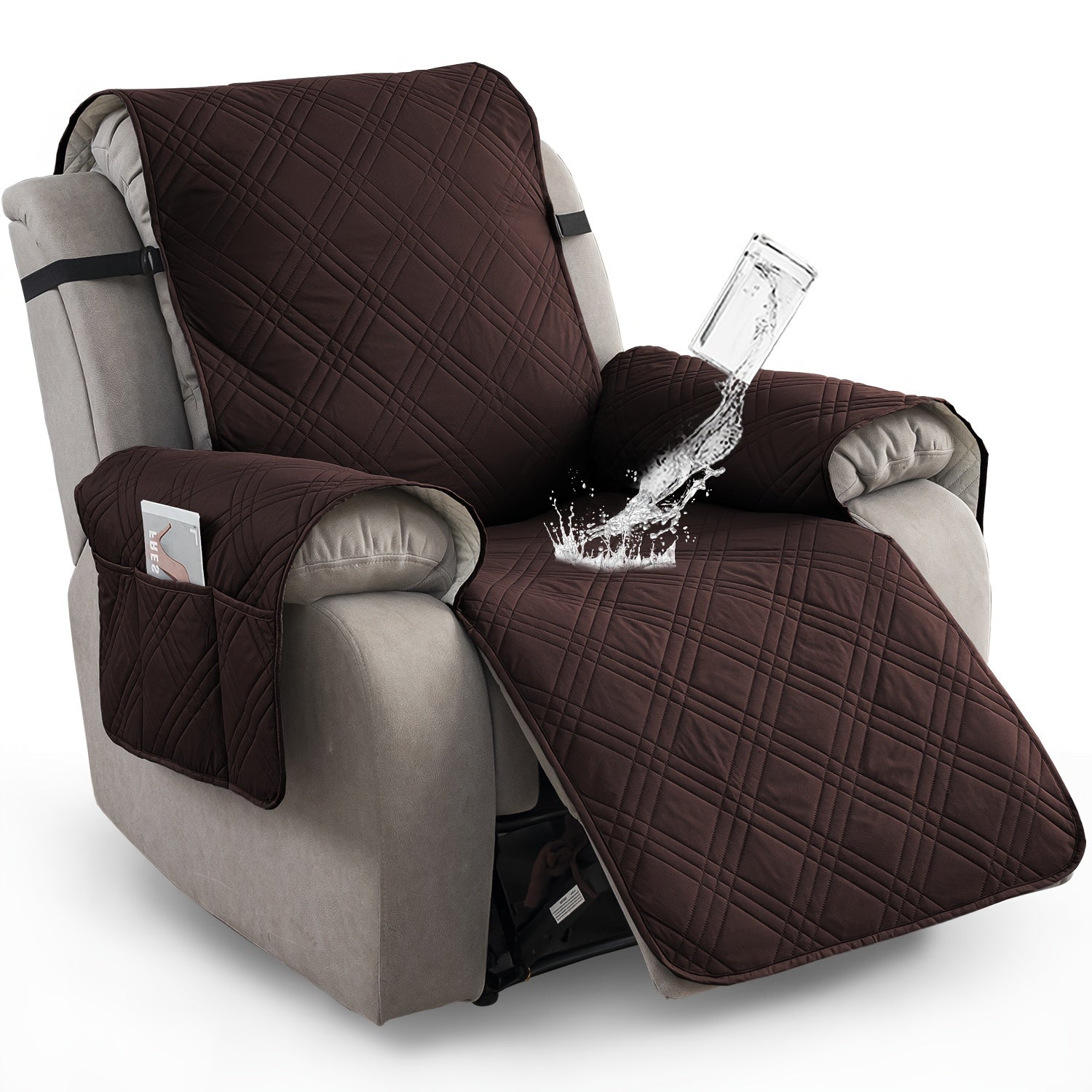 Waterproof recliner chair cover in grey, protecting furniture from spills & pet accidents. Easy-clean slipcover for living room.