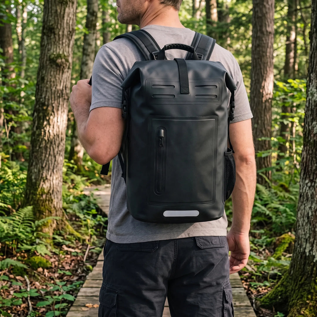Waterproof roll top backpack, perfect for outdoor adventures, hiking, and camping. Durable travel gear dry bag.