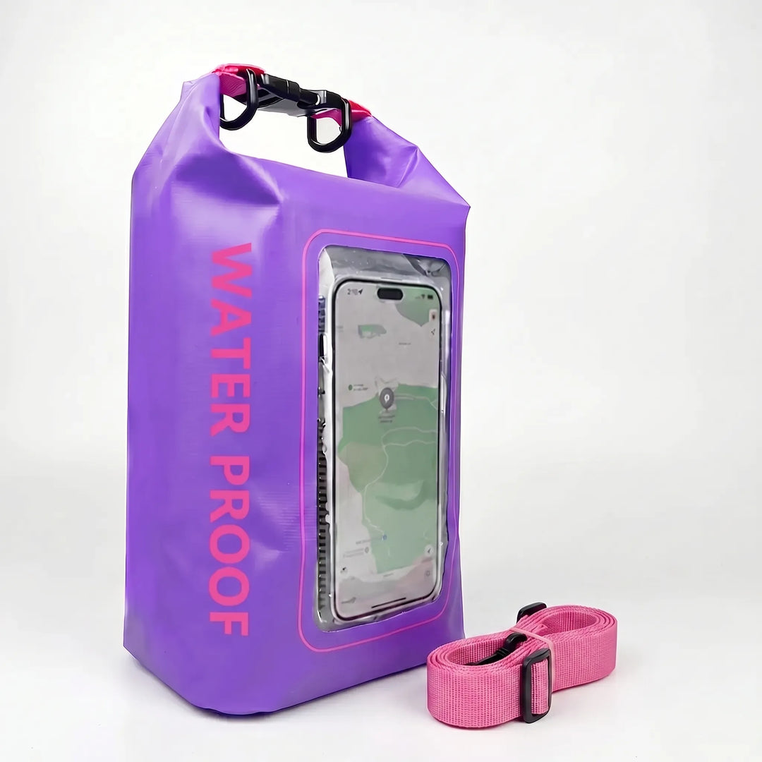 Camping gear dry bag with roll-top seal & clear touchscreen window for maps or phone use.