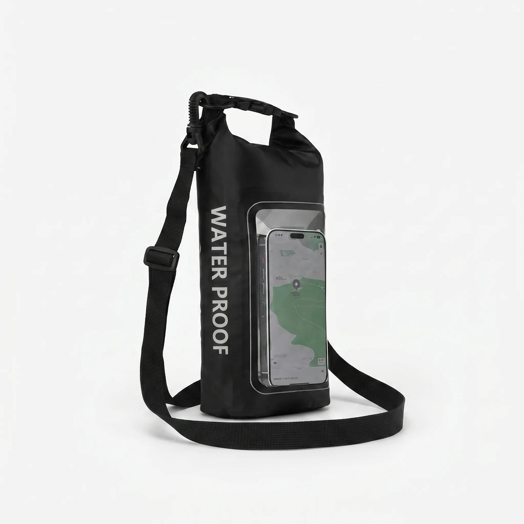 Travel dry bag, waterproof, keeps clothes & gadgets dry. See phone through clear window easily.