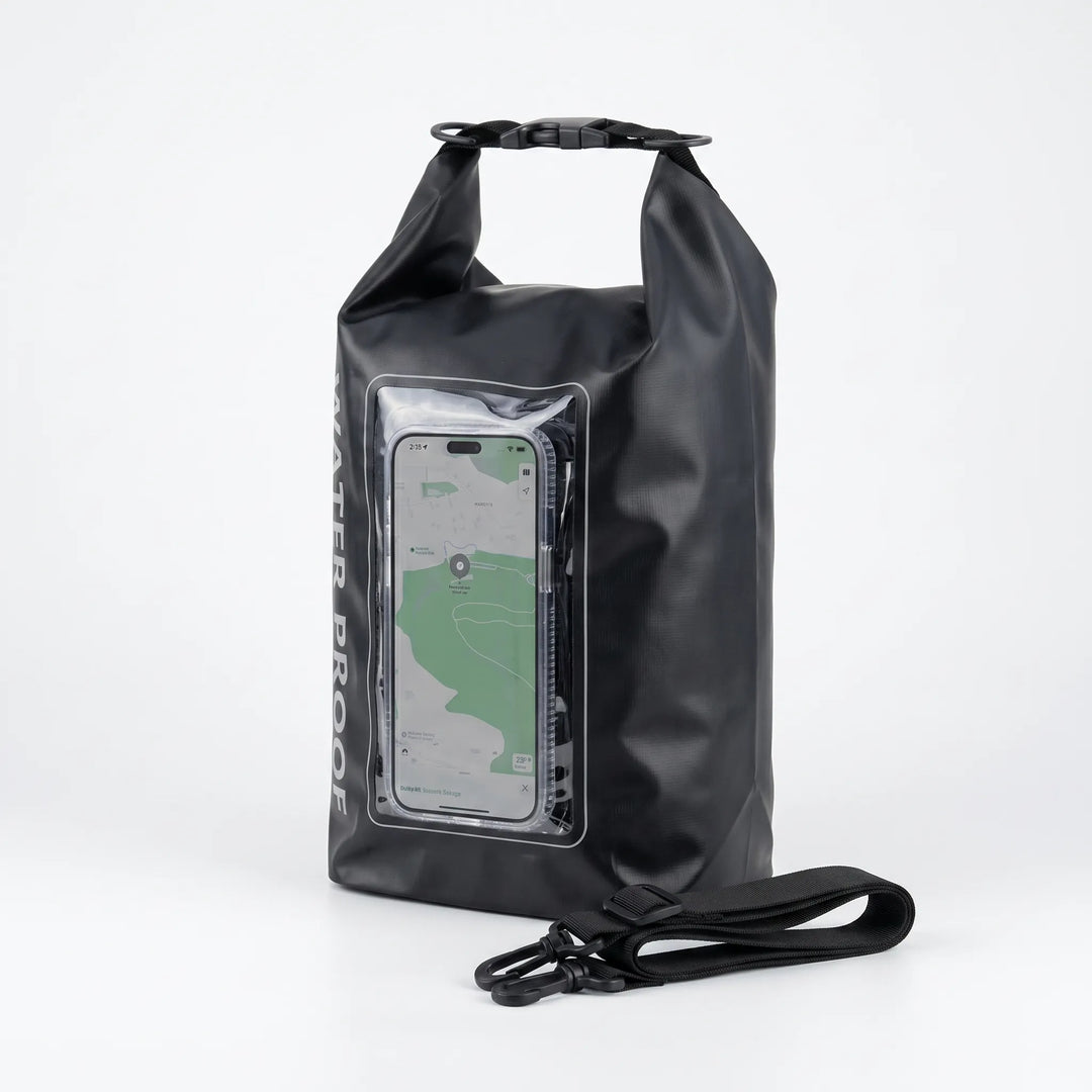 Multi-use dry bag: waterproof, roll-top, clear touchscreen window for all your water sports.