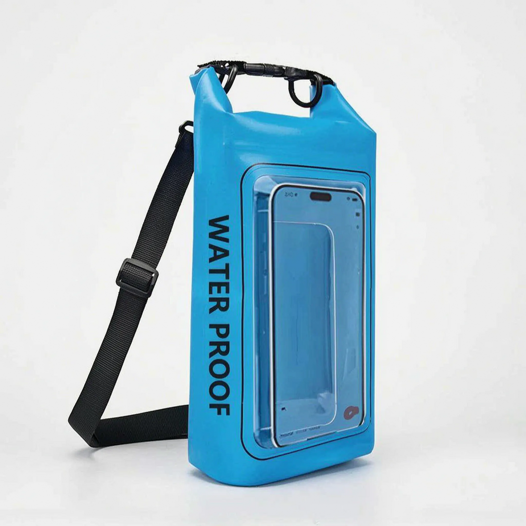 Heavy-duty waterproof dry bag with integrated clear touchscreen for smartphone protection.