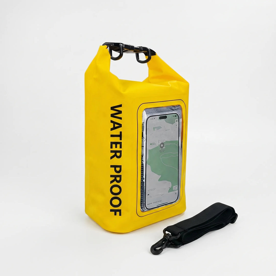 Valuables safe: Waterproof dry bag, roll-top closure, and clear phone window for water sports.