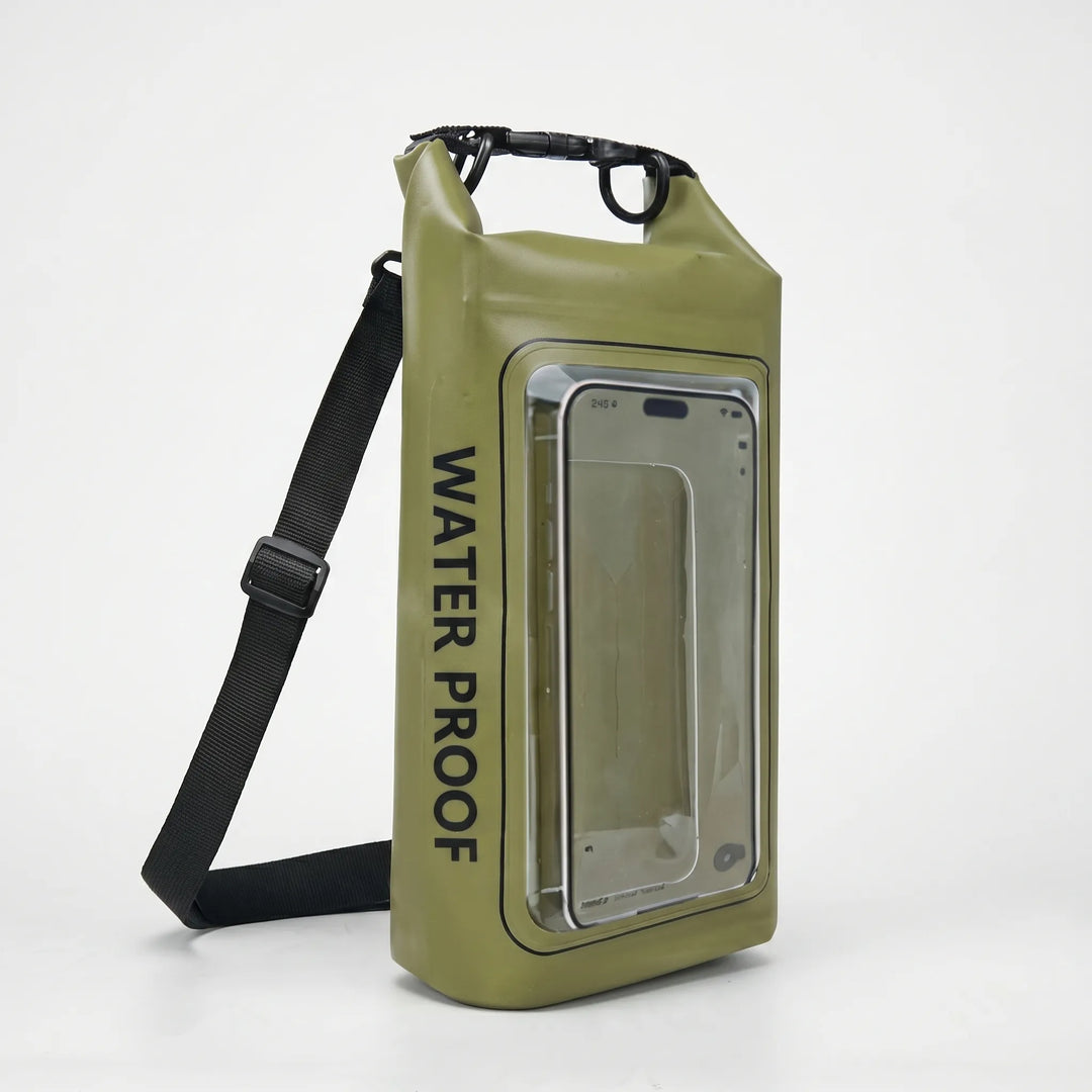 Adventure-ready waterproof dry bag, clear touchscreen window for maps or smartphone viewing.