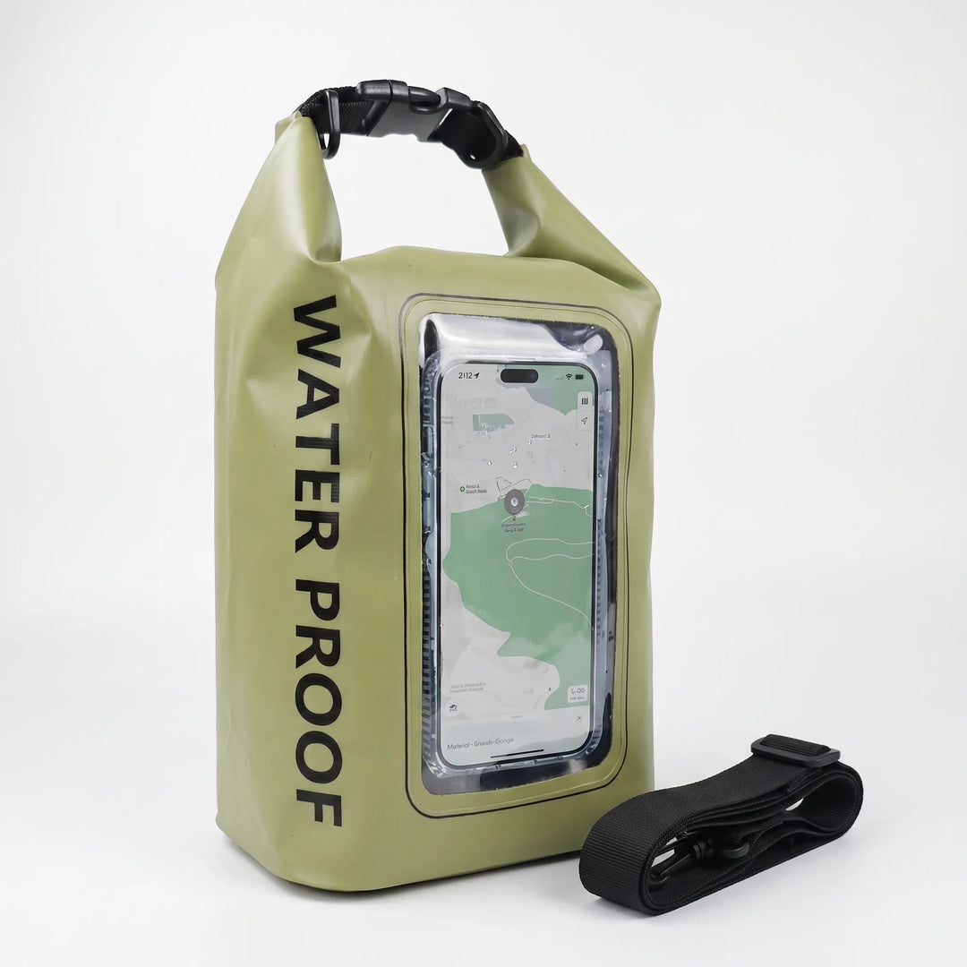 Essential water sports gear: Waterproof dry bag with clear phone touchscreen access for users.