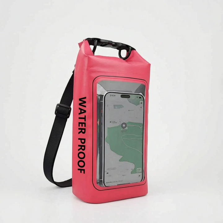 Durable waterproof dry bag, roll-top, clear window for phone. Ideal for boating & rafting trips.
