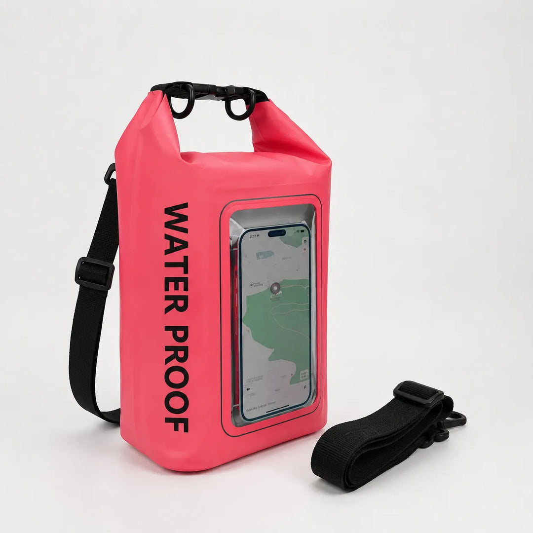 Hands-free phone use in a waterproof dry bag. Clear touchscreen window, roll-top closure.