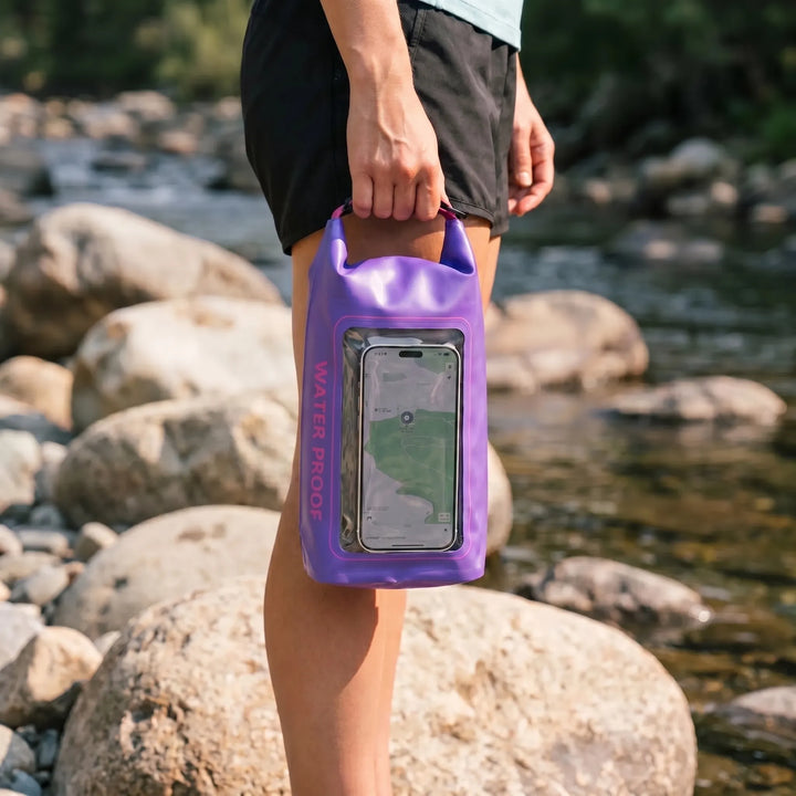 Keep essentials dry with this waterproof dry bag. Features a clear phone touchscreen window.