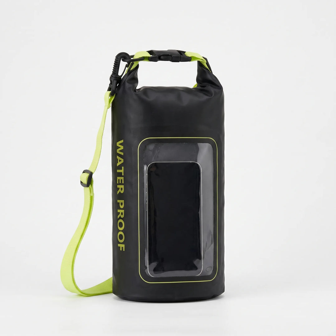 Boating & water sports dry bag. Roll-top closure, clear window for smartphone use while wet.