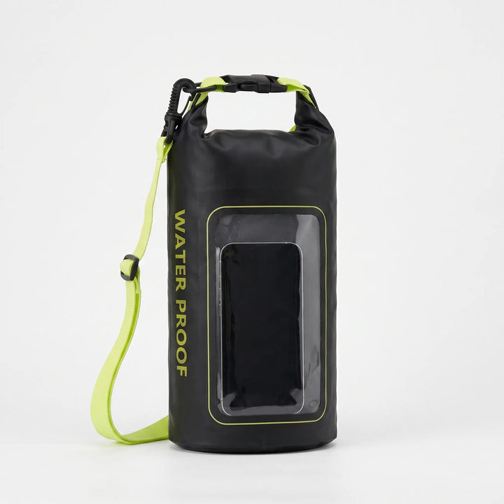 Boating & water sports dry bag. Roll-top closure, clear window for smartphone use while wet.