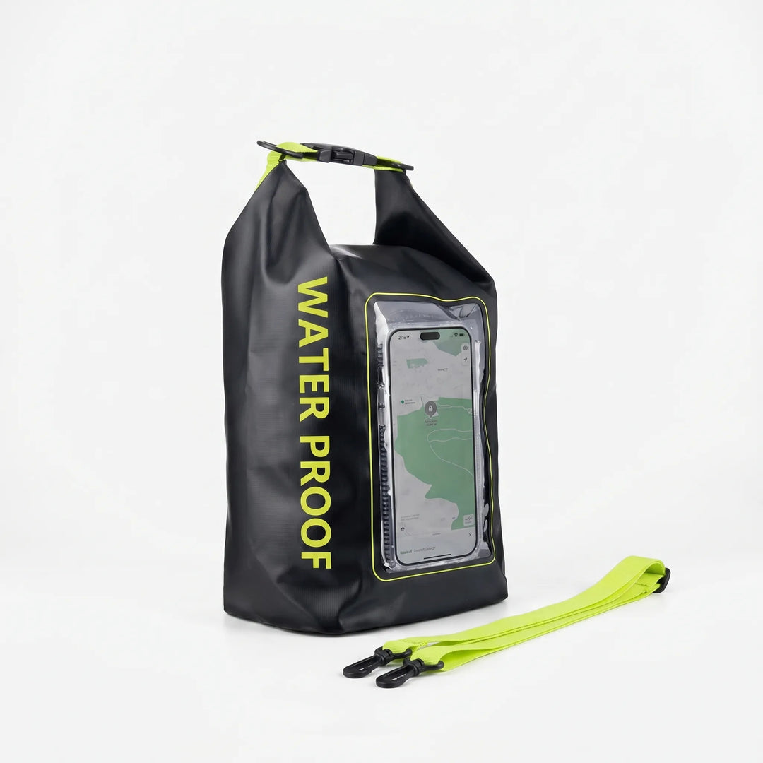 Secure your phone & gear: Waterproof dry bag with touchscreen window for outdoor adventures.