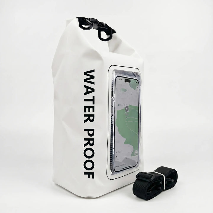 Rafting waterproof dry bag, roll-top, ideal for river trips. Phone touchscreen accessible.