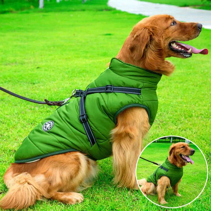 Reflective waterproof dog jacket with warm fleece lining & integrated harness for all-weather outdoor adventures.