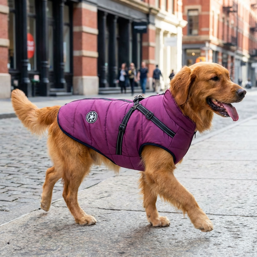 All-weather waterproof puppy & dog jacket with secure integrated harness, perfect for winter adventures & training.