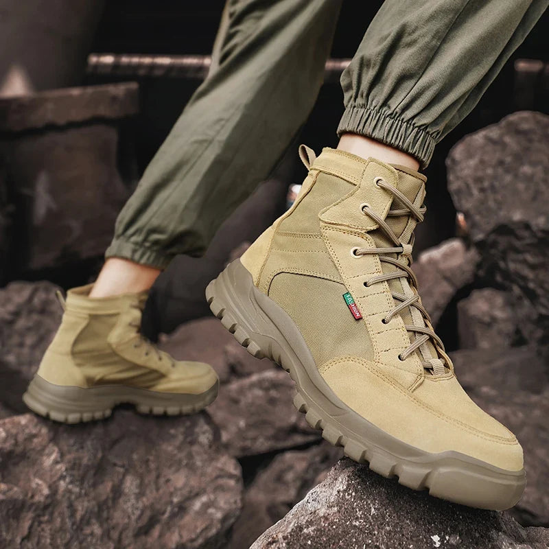 Men's Wexford all-terrain comfort boots shown on a trail. Durable khaki design for hiking & outdoor adventures.