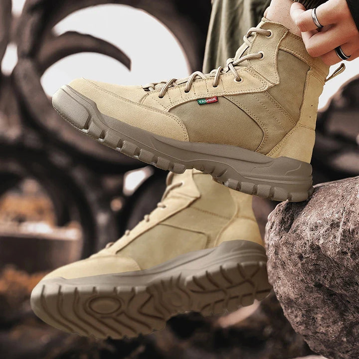 Close-up of Wexford men's all-terrain comfort boots, highlighting durable sole & khaki finish. Outdoor footwear.