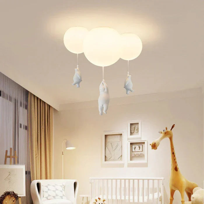 Decorative bear & hot air balloon pendant. Bright LED lamp for children's bedroom or nursery lighting.