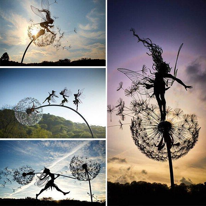 Whimsical dancing fairy & dandelion metal garden art stake, perfect for yard or patio decor.