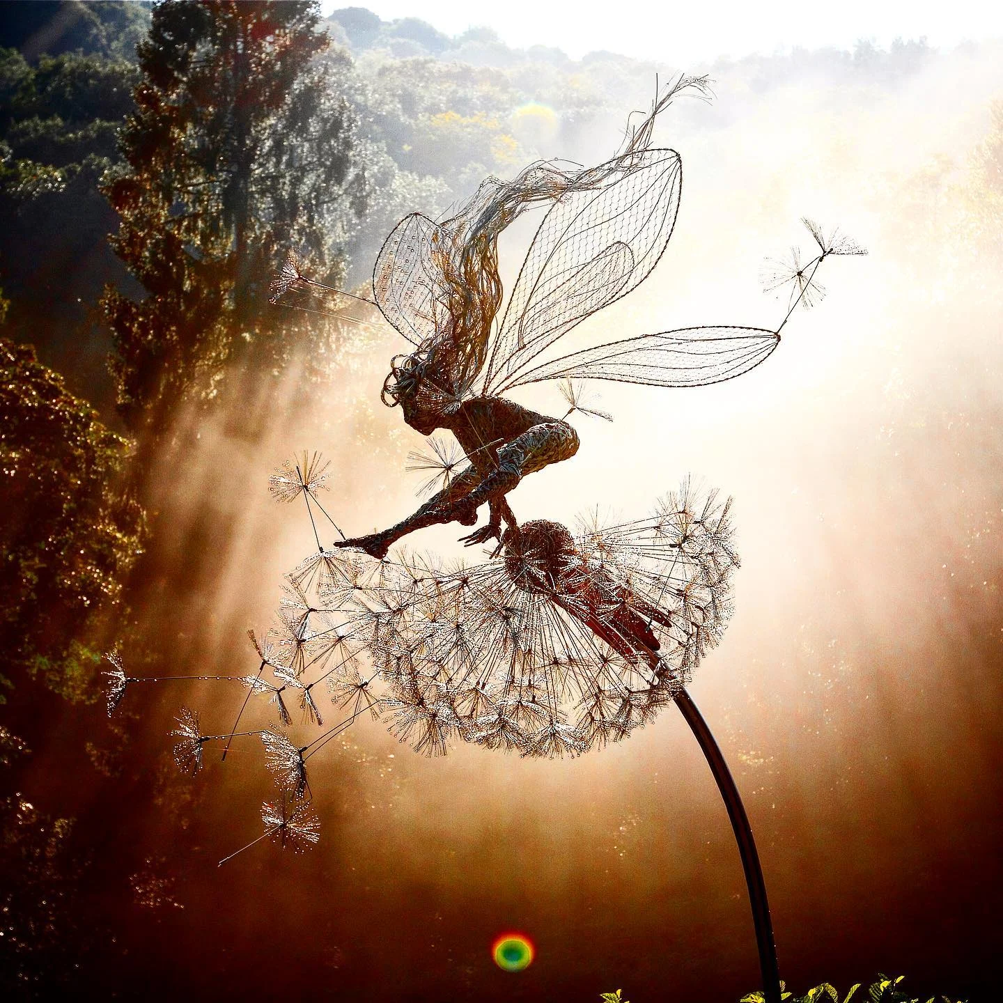 Metal sculpture of a fairy dancing on a dandelion, ideal garden stake for outdoor art.