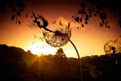 Enchanting dancing fairy & dandelion garden stake, whimsical metal art for outdoor living.