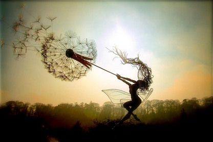 Decorative metal fairy and dandelion garden stake, adds magical charm to any yard or patio.