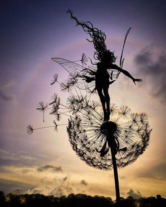 Fairy garden decor: metal dancing fairy on dandelion stake, charming yard ornament.