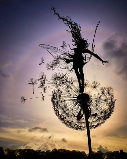 Fairy garden decor: metal dancing fairy on dandelion stake, charming yard ornament.