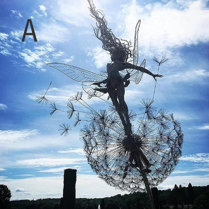 Whimsical dancing fairy garden statue, durable steel outdoor art. Perfect for garden decor & home garden.