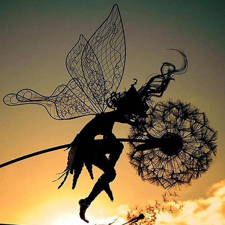 Elegant dandelion fairy metal sculpture adds whimsical charm to yard ornaments & patio decor. Durable garden art.