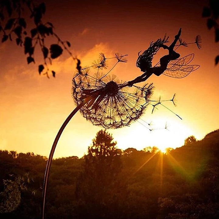 Whimsical dancing fairy garden statue, a unique metal sculpture & perfect gift for garden decor enthusiasts.