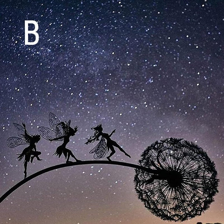 Delightful metal fairy sculpture bringing whimsical outdoor art to your garden decor, yard & patio.
