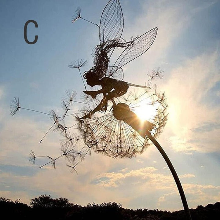 Durable steel dandelion fairy statue, a beautiful whimsical outdoor art piece for garden & patio decor.