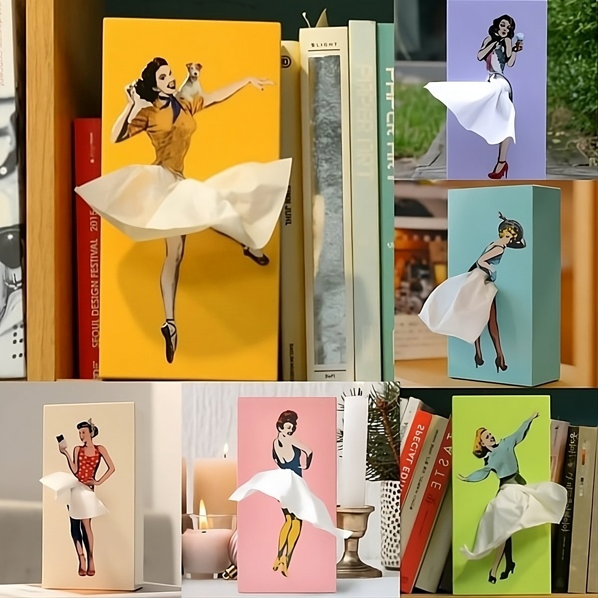 Whimsical flying skirt tissue box holder, a unique home decor accent for living rooms.