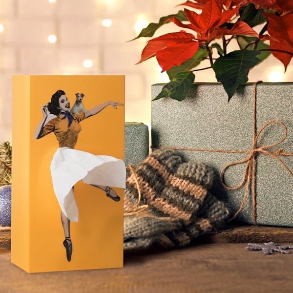 Whimsical flying skirt tissue box, a decorative home decor accent that adds playful style to any room.