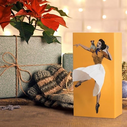 Whimsical flying skirt tissue box, a decorative home decor accent that adds playful style to any room.