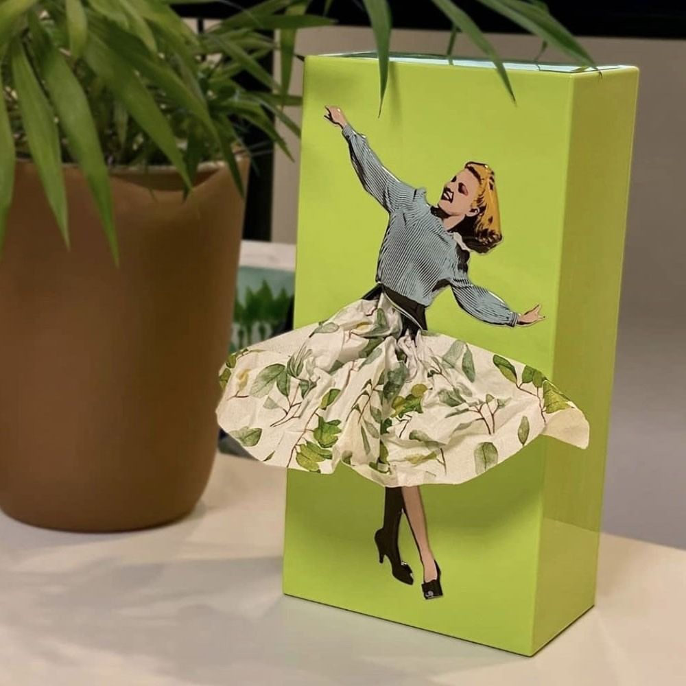 Decorative flying skirt tissue box, a uniquely designed, whimsical holder perfect for stylish home decor.