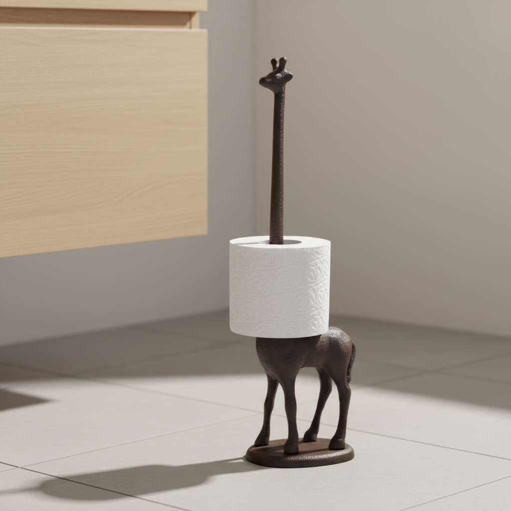 Whimsical giraffe toilet paper holder, a decorative and freestanding cast iron storage solution for any bathroom.
