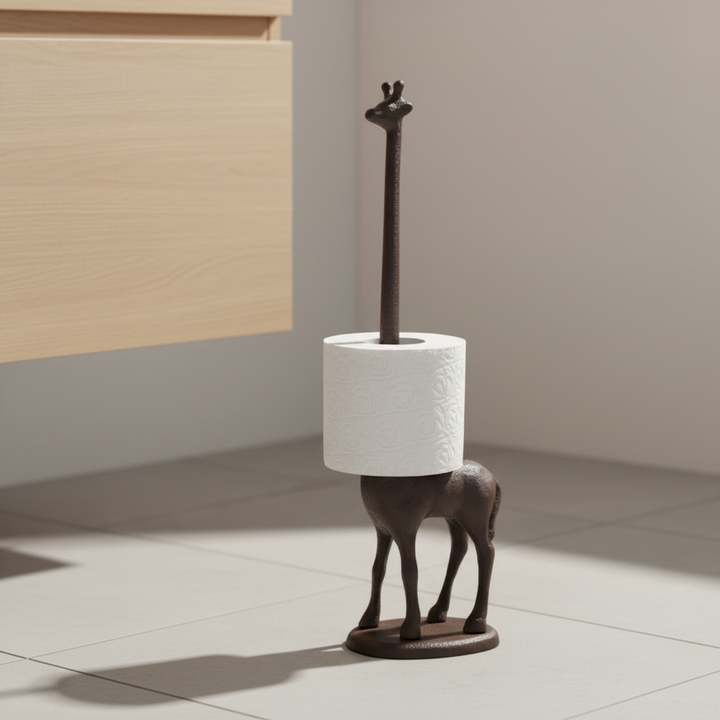 Whimsical giraffe toilet paper holder, a decorative and freestanding cast iron storage solution for any bathroom.