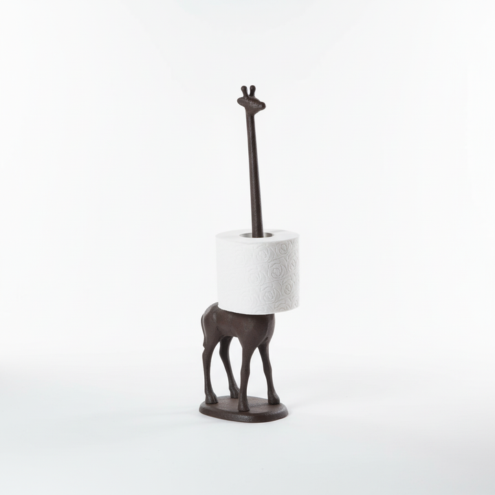 Decorative giraffe toilet paper holder for bathrooms, featuring a whimsical animal design in sturdy cast iron.