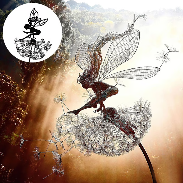 Whimsical metal fairy garden sculpture, perfect for outdoor yard art. Fantasy statue for magical garden decor.