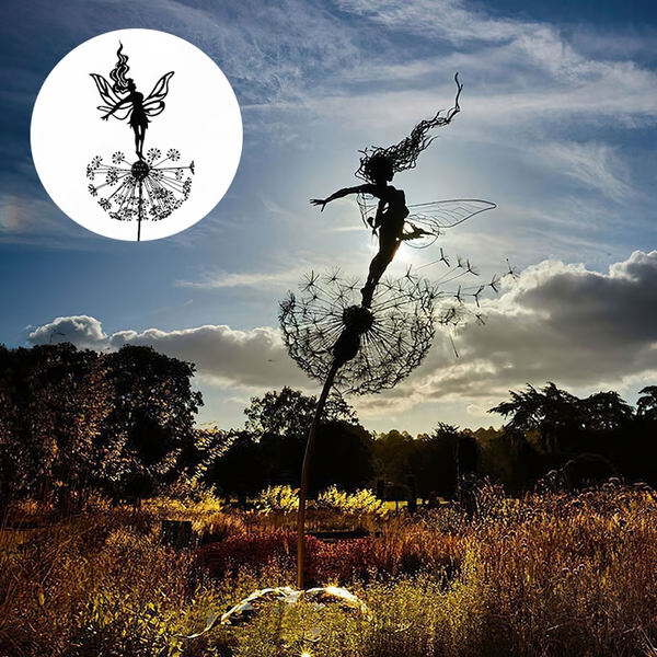 Intricate metal fairy sculpture, ideal for indoor or outdoor whimsical decor. Unique fantasy art for garden or home.
